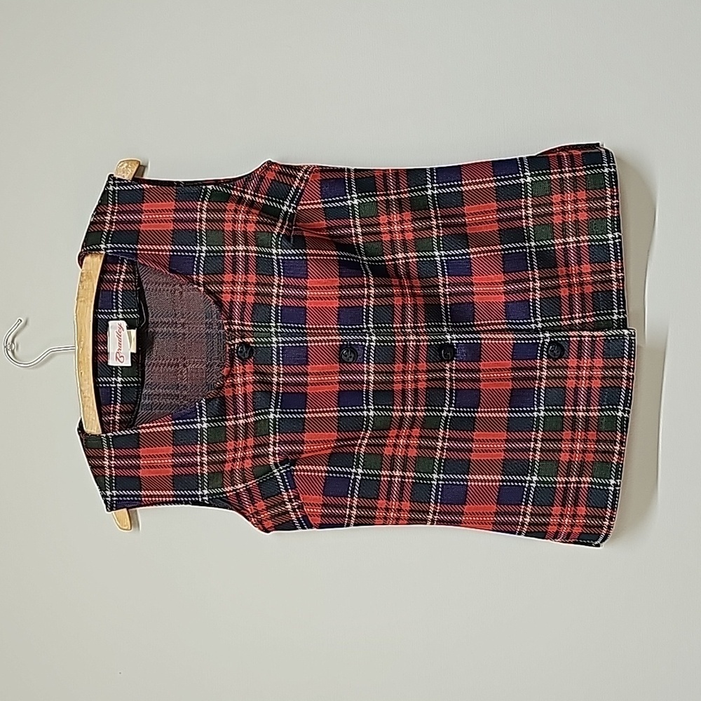 Vintage polyester Tartan Plaid Vest red blue green Size 10 Scoop neck 4 button